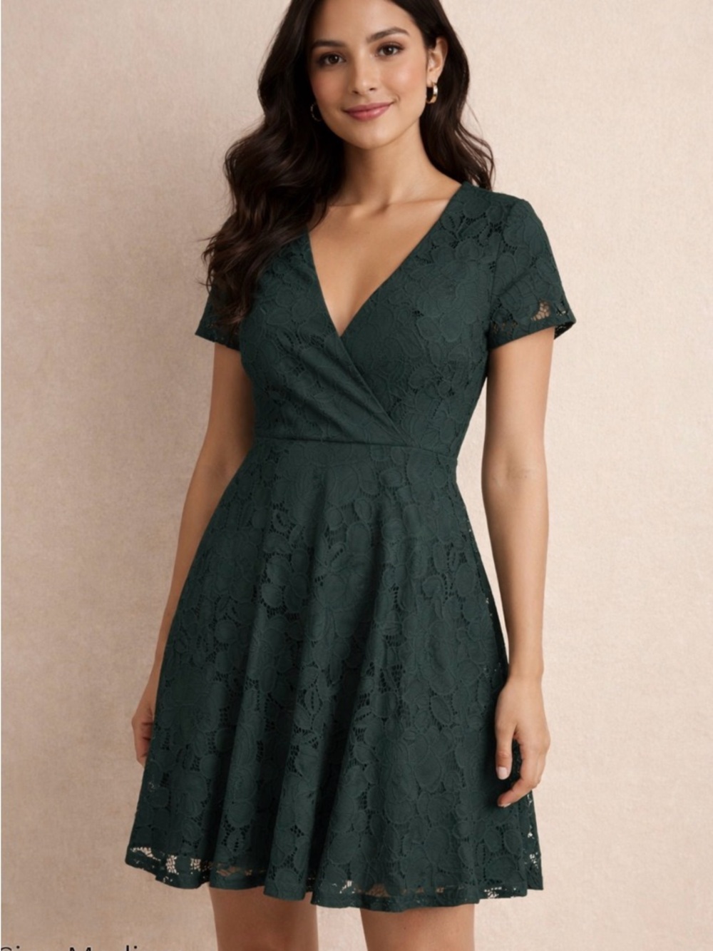 Black Swan Dark Green Lace Dress V Neck Fit Flare Wedding Guest M